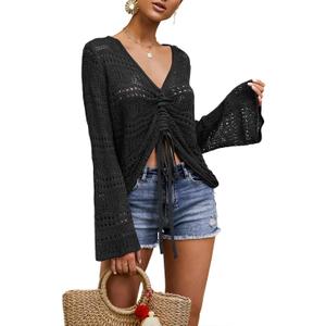 FERBIA Women Crochet Top Beach Cloth Drawstring Shirt Cover Up Oversized Sexy Beachwear Lace Up Tee Poncho, X-Large, Black