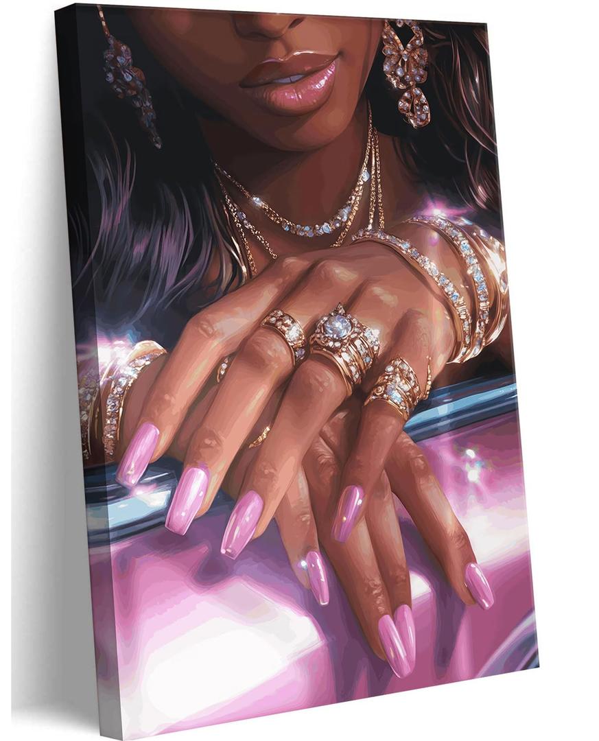 Framed Pink Black Girl Canvas Wall Art Gorgeous Black Women Shiny Wall Decor Picture Fashion African American Woman Pink Nails Jewelry Poster Print for Living Room Bedroom Artwork Home Decoration, 23.5x15.5