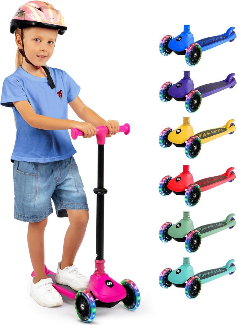 SereneLife 3-Wheel Foldable Kids Scooter  LED Wheel Lights, Adjustable Handlebar (Pink)(missing bearing)