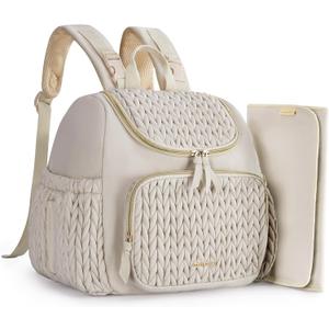 Mommore Diaper Bag Small Diaper Backpack Stylish Toddler Baby Mini Maternity Bags Travel Backpacks with Insulated Pockets, Changing Pad, Stroller Straps (Light Cream)
