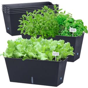 Window Box Planter 6 Pcs, 16.5 Inches Self Watering Rectangle Flower Plant Pots with Drainage Holes Trays, Vegetable Planters for Windowsill Patio Garden Balcony Porch Yard (Black)
