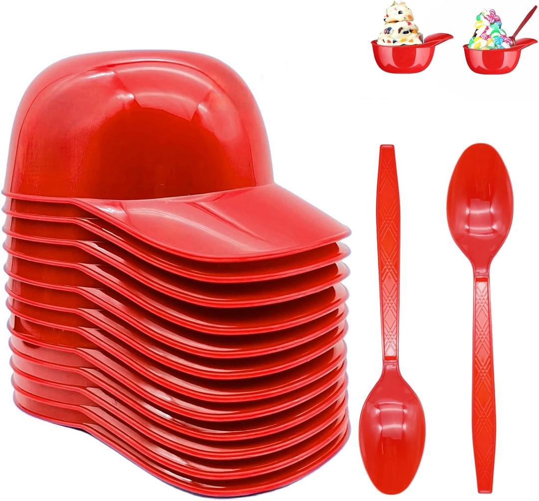 Baseball Helmet Ice Cream Bowls with Spoons, Plastic Mini Baseball Cap Bowls for Party (8 oz) (Red)