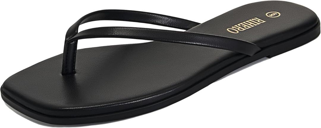 Rihero Flip Flops for Women Comfortable Square Toe Beach Sandals Slip On Leather Thong Flat Sandals Dressy (8.5, Black)