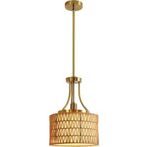 11.8" Modern Boho Rattan Gold Pendant Light Adjustable Rod Vintage Farmhouse Drum Fabric Pendant Light Fixture Woven Bamboo Wicker Pendant Lights for Kitchen Island, Dining Room, Bedroom