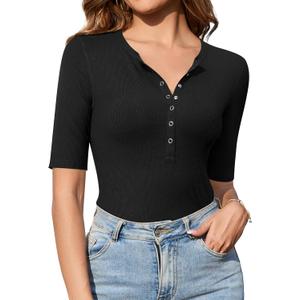 Amoretu Women's Henley Half Sleeve Tops Button Down Fitted Shirts (Medium, Black)