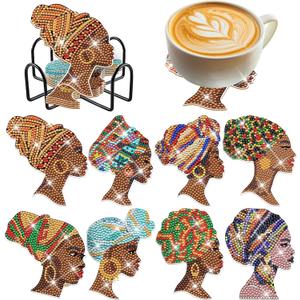 African American Diamond Painting Coasters - 8 PCS Diamond Art Coasters Kits for Drinks Coffee DIY Art Craft Supplies Birthday Holiday for Adult Beginners Black Women Lady