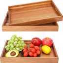 3 PCS Acacia Wood Serving Tray with Handles - 15 x 10 Inch Elegant Rectangle Wooden Tray for Food, Decorative Snack Tray, Breakfast and Kitchen Tray, Ideal Wooden Serving Platter for Homes