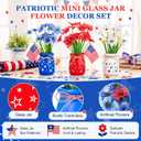 Patelai 6 Set 4th of July Patriotic Star Mini Mason Jar Vases with Artificial Flowers, Red White Blue Glass Vase Celebrating 250 Years of Independence Day Table Centerpiece Tiered Tray Mantel Decor