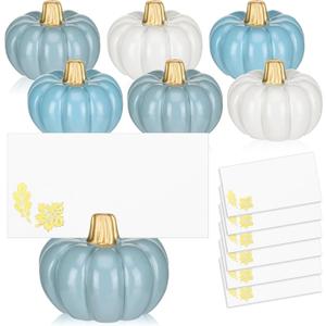 Amyhill 6 Sets White Blue Pumpkin Place Card Holders (Place Cards Included) Table Number Holder Fall Wedding Decorations for Thanksgiving Table Decor, Bridal Showers Harvest Party Favor