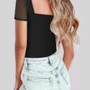 Chunpin Women's Square Neck Bodysuit Ruched Top Mesh Long Sleeve Bodysuits Thong Body Suits Leotard Shirt Going Out, Large