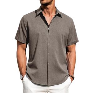 J.VER Men's Linen Shirts Casual Short Sleeve Button Down Shirt Beach Vacation Cruise Summer Wedding Cotton Tops (Brown, Small)