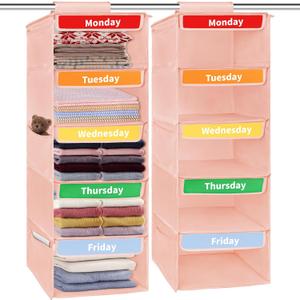 Pack of 2 Weekly Hanging Closet Organizer for Kids, 5-Shelf Closet Hanging Storage Shelves, Kids Closet Organizers and Storage, 32"x11"x11" Monday Through Friday Clothes Organizer Pink
