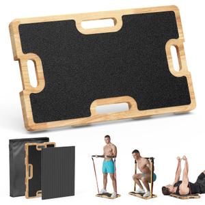 Wooden Fitness Board - Resistance Band Workout Footplate with Foam Pad & Storage Bag - Wood Exercise Step Platform with Non-Slip Surface for Home Body Gym, Strength Training