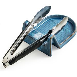 Cooking Spoon Rest with Slot or Spatula, Spoons or Tong Ceramic Spoon Rest for Countertop Heat-Resistant Spoon Holder for Stove Top, Blue