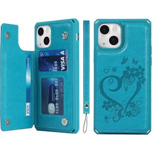 iCoverCase Compatible with iPhone 13 Wallet Phone Case with Card Holder for Women, RFID Blocking Embossed PU Leather Wrist Strap Case 6.1 Inch (Heart Blue)