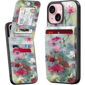 Bemal for iPhone 15 Wallet Case, Built-in Card Holder, Fashion Printed, RFID Blocking, PU Leather Kickstand, Magnetic Closure, Shockproof Phone Cover for Women and Men, Designer Flowers