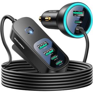 Rocoren 105W 6-Port Multiport Car Charger, PD Fast USB C Car Charger for Multiple Devices, Cigarette Lighter Adapter Car Travel Essentials for Road Trips with 5FT Cable for iPhone 16/15, Samsung S25