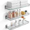 3 Pack 20 Inch Glass Bathroom Shelves for Wall, Wall Mount Glass Shelves with Stainless Steel Rail, Modern Floating Bathroom Shelf Organizer, Rectangular Room Decor for Sink, Over Toilet