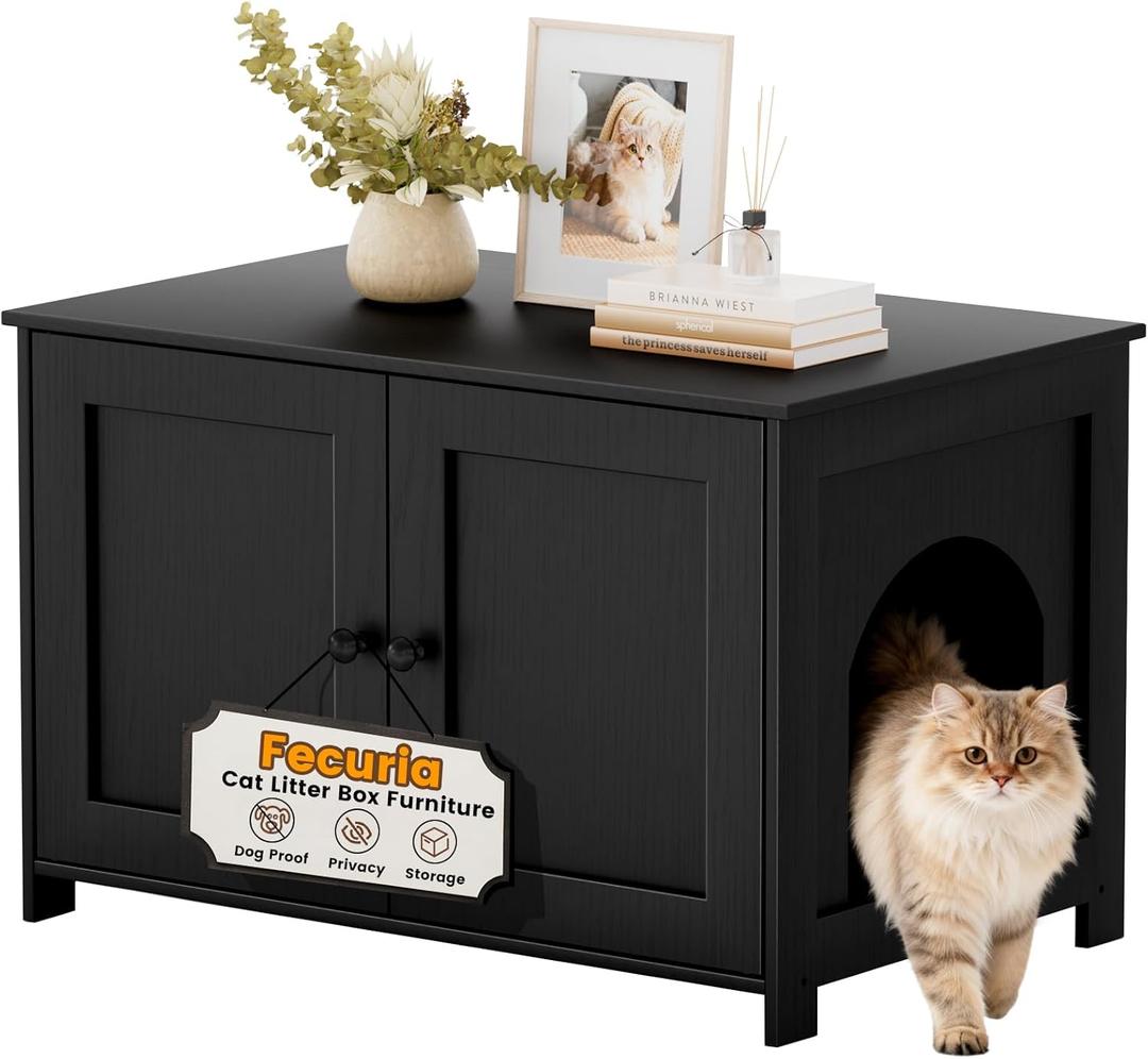 Cat Litter Box Enclosure Furniture Dog Proof, Hidden Kitty Washroom Cabinet Low Entry, Wooden Cat Boxes Enclosure Odor Control for Home, Farmhouse Style Decorative TV Stand with Storage, Black
