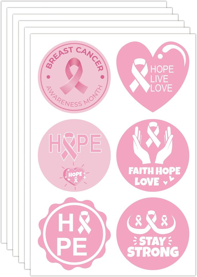 120 Pcs 2 Inch Pink Ribbon Stickers Breast Cancer Awareness Stickers | Pink Ribbon Awareness Decal Sticker Envelope Sealer Breast Cancer Decal for Woman Charity Support Events