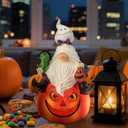 Halloween Pumpkin Gnome Statue with LED Light for Holiday Decorations Indoor Ghost Gnome Pumpkin Holding Ghostly Frog Halloween Props Collectible Figurine Fall Harvest Funny Gifts for Party (Orange)