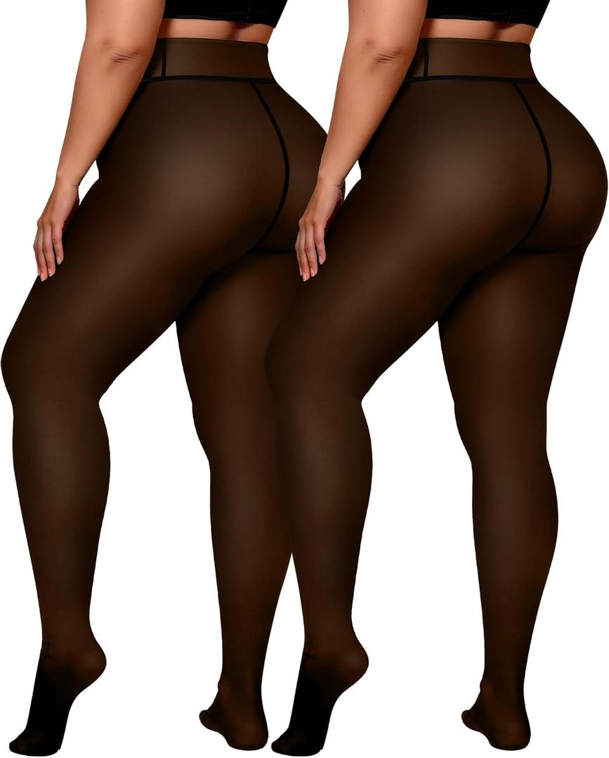 OEAK Womens Fleece Lined Tights Sheer Fake Translucent Pantyhose Thermal Tights High Waisted Footed Leggings (XX-Large, 2 Pairs Black)