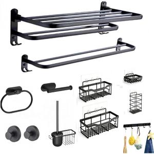 12-Piece No Drill Matte Black Bathroom Hardware Set, 23 Inch Wall Mounted Towel Rack & Towel Bar, Rustproof Stainless Steel Bathroom Organizer Storage, Toilet Brush, Large Capacity