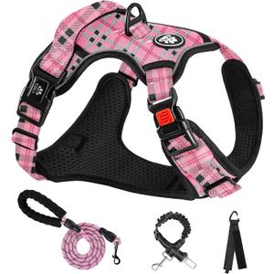 NESTROAD No Pull Dog Harness with Leash, Reflective No Choke Pet Vest Harness,Adjustable Soft Padded Dog Harness with Easy Control Handle for Medium Dogs(Checkered Pink,Medium) (Mneck 13-17" chest 17-25", Checkered Pink)