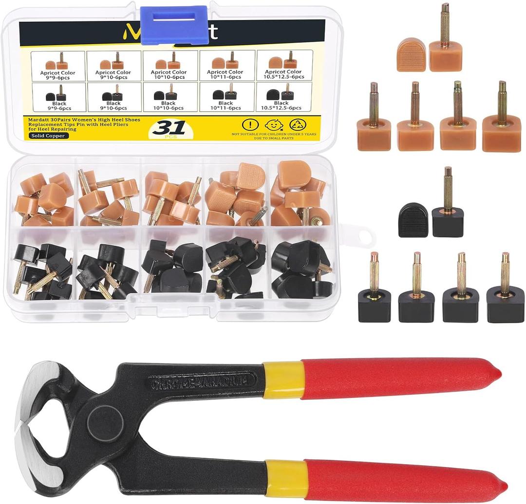 30 Pairs 5 Sizes High Heel Replacement Tips Pin Kit with 6" Heel Caps Remove Pliers, 9/10/10.5/11/12.5mm 2 Pins Diameter U Shape Dowels Heel Tips Shoes Heel Repair for Women(Apricot & Black) 30 Pairs 5 Sizes High Heel Replacement Tips Pin Kit with 6" Heel Caps Remove Pliers, 9/10/10.5/11/12.5mm 2 Pins Diameter U Shape Dowels Heel Tips Shoes Heel Repair for Women(Apricot & Black)