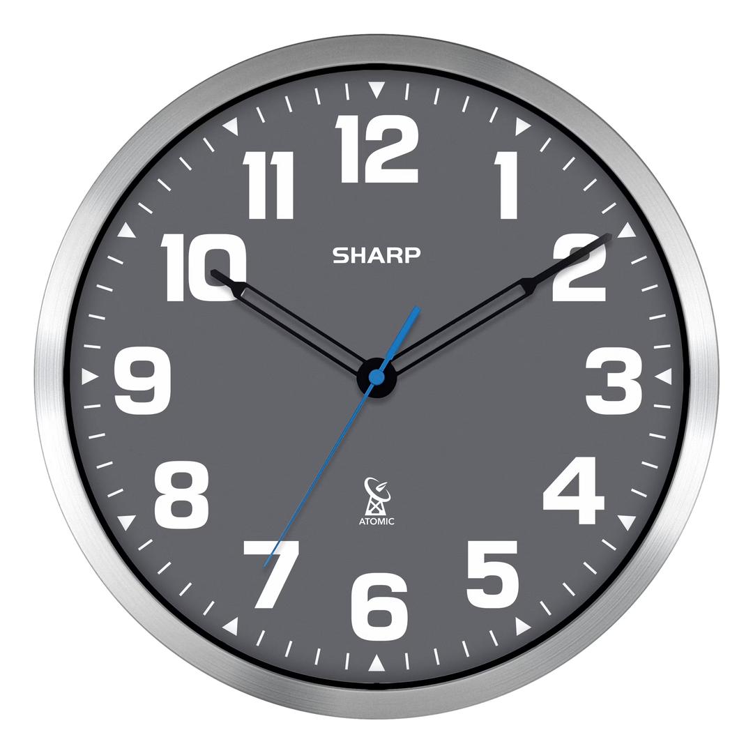 Sharp Atomic Analog Wall Clock - 12" Grey Face, Silver Brushed Finish - Sets Automatically- Battery Operated - Easy to Read - Easy to Use – Modern Design and Style