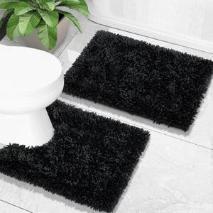 Yimobra Bathroom Rugs Sets 2 Piece, Soft Absorbent Bath Mat and U-Shaped Toilet Rug with Non Slip Backing, Luxury Shaggy Bath Mats for Bathroom, Machine Washable, 24"x17"+24"x20", Black