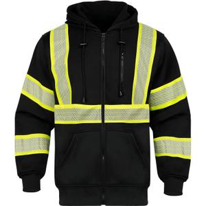 Hi Vis Hoodie for Men Reflective Safety Sweatshirts High Visibility Class 3 Construction Work Zipper Jackets XL