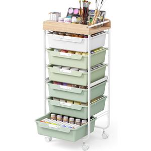 SYKIARIOL Rolling Cart with 6 Drawers,Utility Storage Cart with Drawers,Art Craft Organizers and Storage,Makeup Organizer with Wooden Tabletop,Green