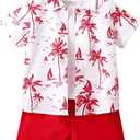Boy's 2 Piece Boho Outfits Short Sleeve Tropical Button Down Hawaiian Shirt Tops and Track Shorts (Red), Size: 6Y