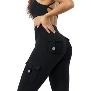 RXRXCOCO Women 2 Piece Workout Sets Flare Leggings with Pockets Butt Lifting High Waisted Cargo Gym Yoga Sets Pilates Outfits (Black, S)