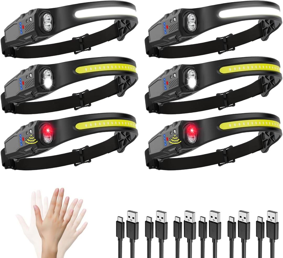 Headlamp Rechargeable 6Pack, 230 Wide Beam LED Headlamp, 7Mode Headlamps for Adults, Head Lamp with Motion Sensor, Red Light Head Lamps LED Rechargeable, Head Lights for Forehead Running Camping