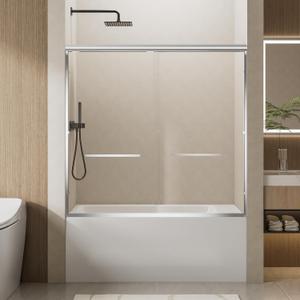 KEIKI Bathtub Shower Door, 60" W x 57" H Aluminum Frame Double Sliding Shower Door with 1/4" (6MM) Clear Nano-Coated Tempered Glass, Dual Stainless Steel Handles, Chrome