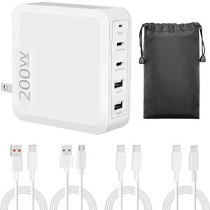 200W USB C Fast Charger, 4-Port Power Adapter for MacBook Pro/Air, iPad Pro, iPhone, Samsung Galaxy and All Type-C/Lightning/Android Device, Include 4 Charge Cable