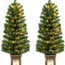 Goplus 4ft Pre-Lit Christmas Tree for Entrances, Set of 2 Artificial Potted Xmas Tree with 100 LED Lights, Timer, 3 Lighting Modes, 160 Branch Tips, Antique Urn Base, Porch Holiday Decor