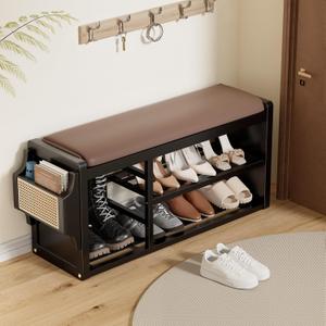 Solid Wood Shoe Bench with Leather Cushion, Shoe Storage Organizer with Side Holder, Shoe Rack Bench for Entryway, Hallway, Living Room, Mudroom, Holds Up to 600lb (Black, 39.4"W*12.6"D*18.9"H)