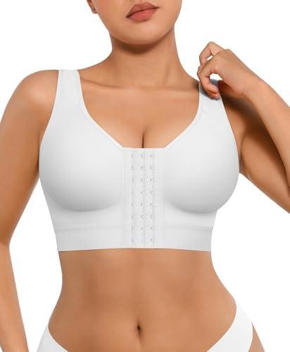 FeelinGirl Post Surgery Bras Front Closure Compression Bra Mastectomy Bras Surgical Wireless with Adjustable Straps, M