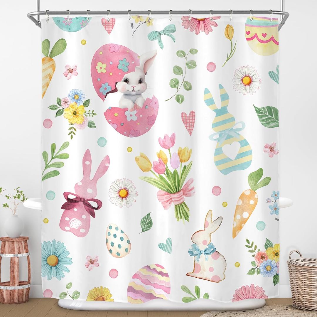 Riyidecor Easter Rabbit Shower Curtain for Bathroom Decor 60Wx72H Cute Bunny Eggs Spring Funny Floral Tulip Leaves Flower Lovely Cartoon Art Printed Fabric Polyester Waterproof 12 Pack Plastic Hooks