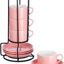 2.5oz Porcelain Stackable Espresso Cups with Saucers and Metal Stand Set of 4, Stackable Cappuccino Cups, Pink Expresso Shots Cup Set for Coffee Drinks, Latte, Tea