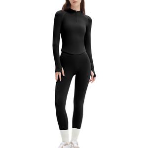 SUUKSESS Workout Sets for Women 2 Piece Seamless Long Sleeve Yoga Outfits Active Leggings Half Zippy Jacket Gym Set (Large, Black)