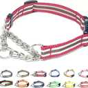 Martingale Collar for Dogs,Adjustable Nylon Collars with Quick Release Buckle,Multicolor Stripe,Stainless Steel Chain NO Pull Training Collars for Large Dogs(Red-White-Green,L)