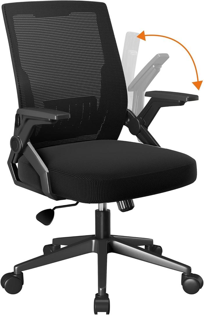 COMHOMA Office Chair with Flip-up Armrests Ergonomic Computer Desk Chair Foldable Mesh Task Chair with Wheels Adaptive Lumbar Support Swivel Tilt Comfortable Study Chair, Black (Seat Depth 20")