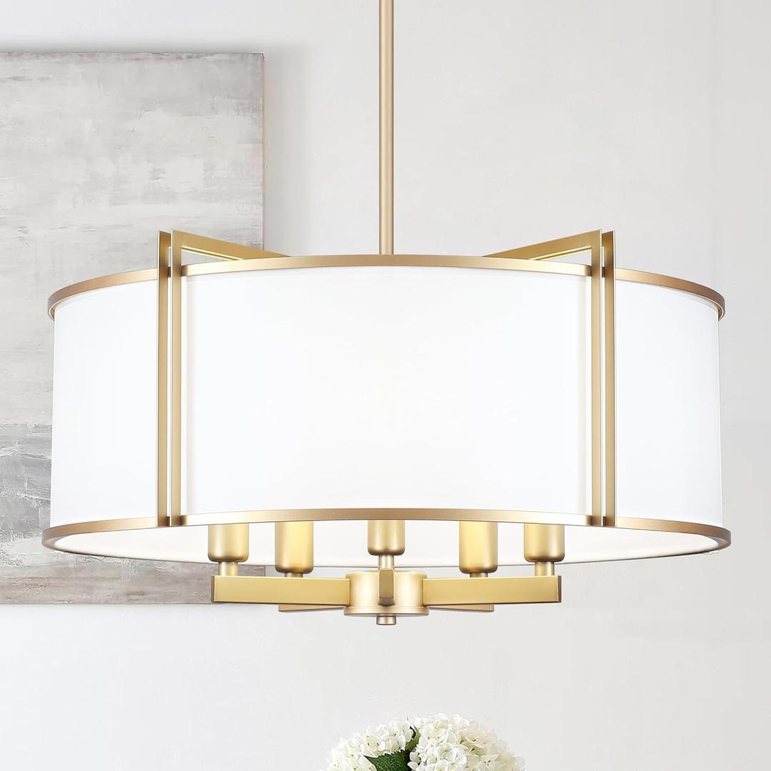 19.6'' Gold Drum Chandelier 5-Light Modern White Fabric Chandeliers for Dining Room Adjustable Farmhouse Pendant Light Fixture for Kitchen Island Living Room Bedroom