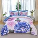 Full Size Bed in A Bag Blue Floral Bedding with Comforter Set 7 Pieces Botanical Comforter Set Soft Elegant Pink Flower Bed Set for All Seasons(Blue, Full)