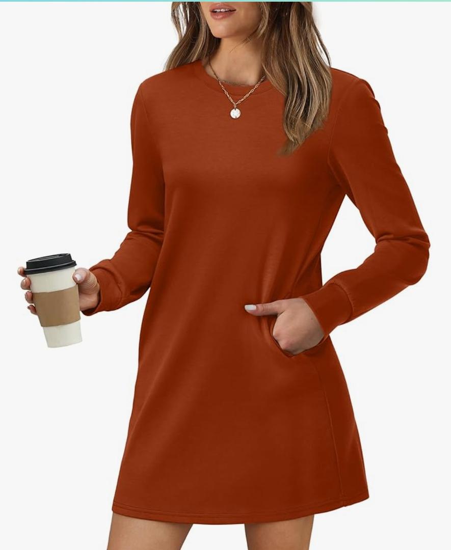WIHOLL Dresses for Women Long Sleeve Casual Loose Fit Fall Fashion Crewneck Mini Dress with Pockets M