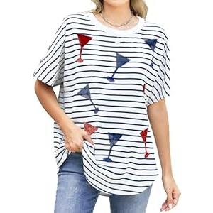 MNLYBABY 4th of July Shirt Women Sequins Wine Glass Shirts American Patriotic Graphic Tee Stripe USA Independence Day Top XL